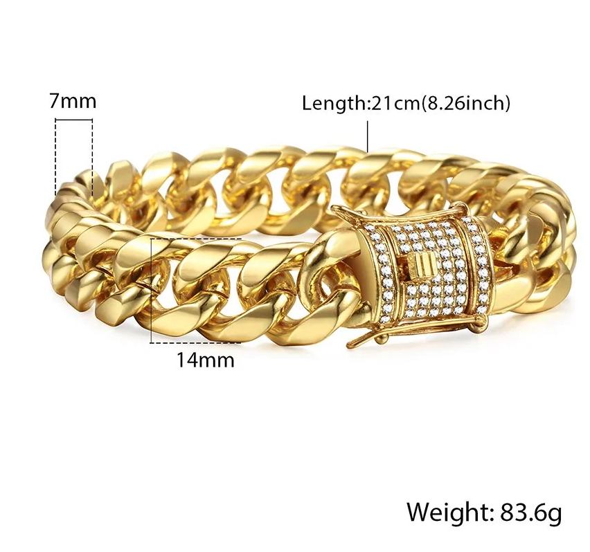 Bracciale Uomo Donna COOLSTEELANDBEYOND A Catena Cubana Con Ciondolo Cuore E Zirconi | Acciaio Inox Oro 21cm, Regalo Unisex